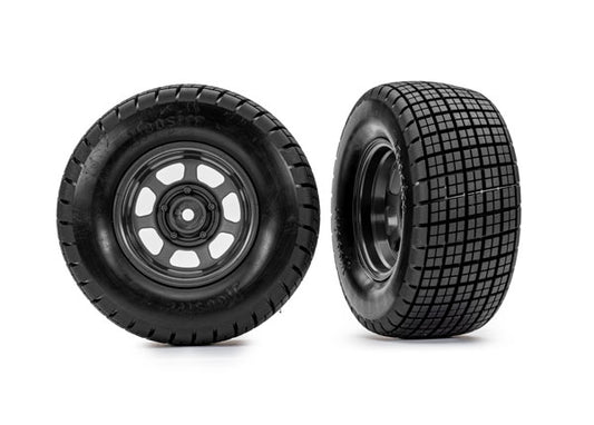 Tires & wheels, assembled, glued (dirt oval, graphite gray wheels, Hoosier® tires, foam inserts) (2) (2WD front only), TRA-10473