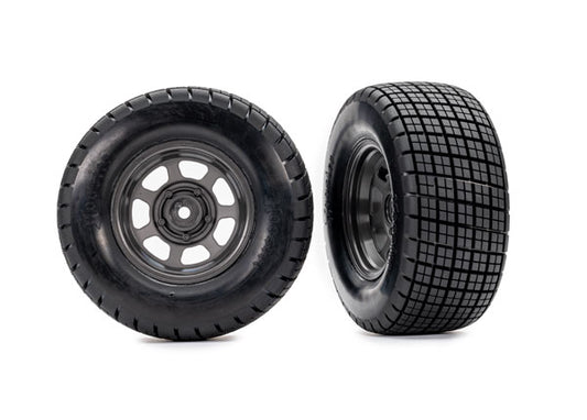 Tires & wheels, assembled, glued (dirt oval, graphite gray wheels, Hoosier® tires, foam inserts) (2) (4WD front/rear, 2WD rear only), TRA-10474