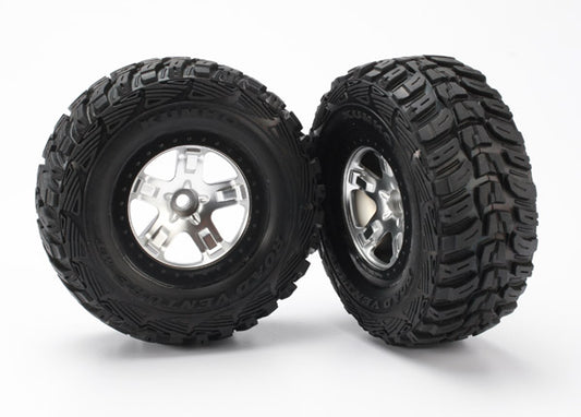 Tire & wheel assy, glued (SCT satin chrome, black beadlock style wheels, Kumho tires, foam inserts) (2) (2WD front) TRA-5881